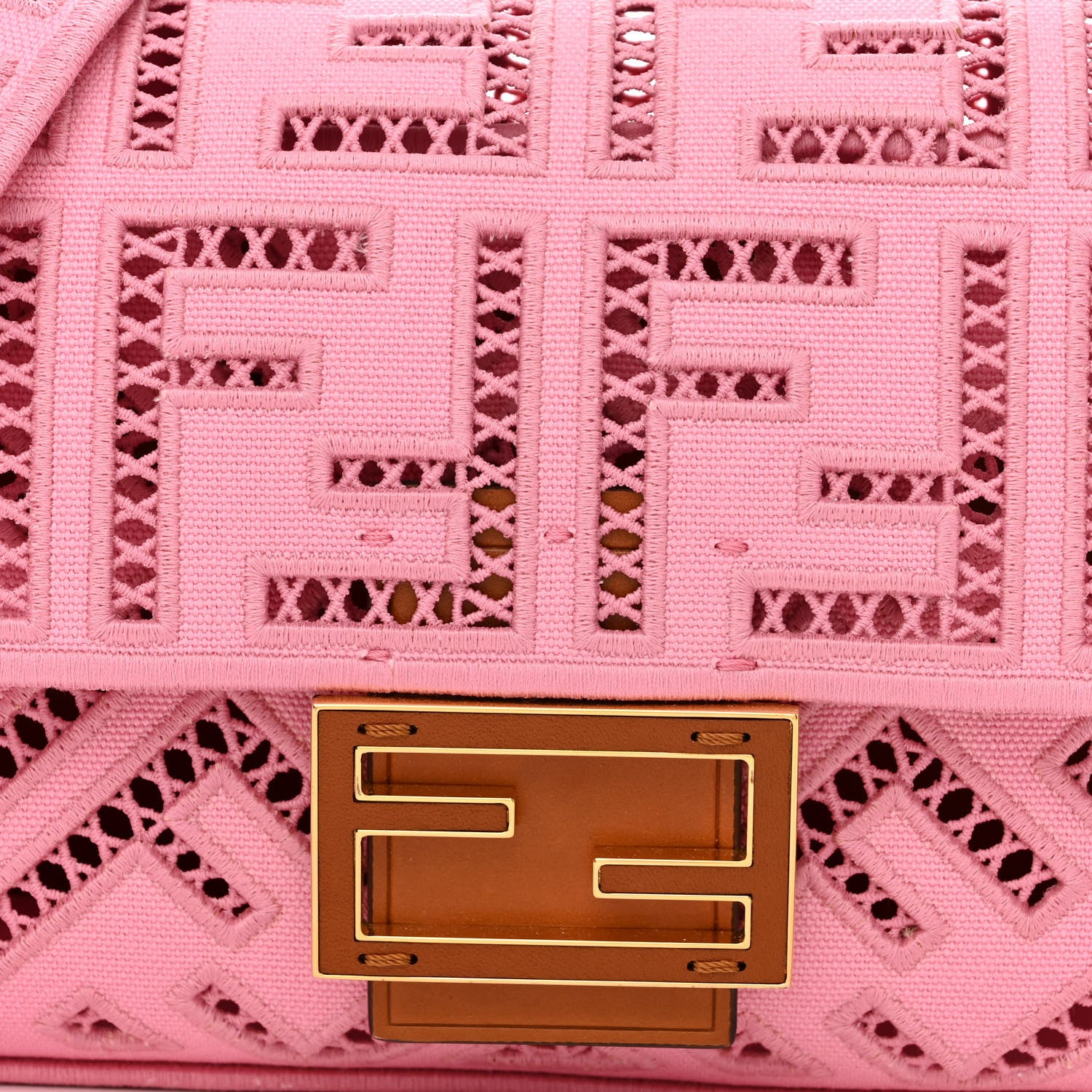 Fendi Canvas Cuoio Agata FF Ajour Embroidered Baguette Ciclamino Cuoio 8 of 13