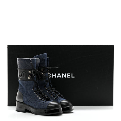 Chanel Denim Patent Lambskin Quilted CC Lace Up Combat Boots 38 Blue Black 9 of 9
