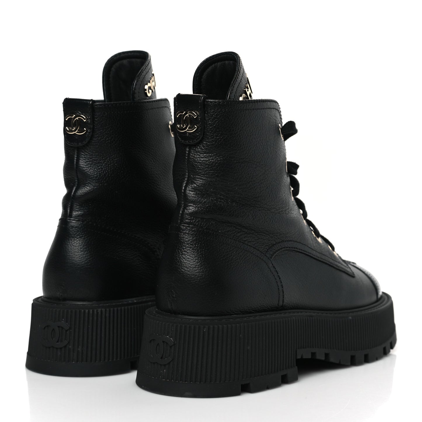 Calfskin CC Lace Up Combat Boots 39.5 Black