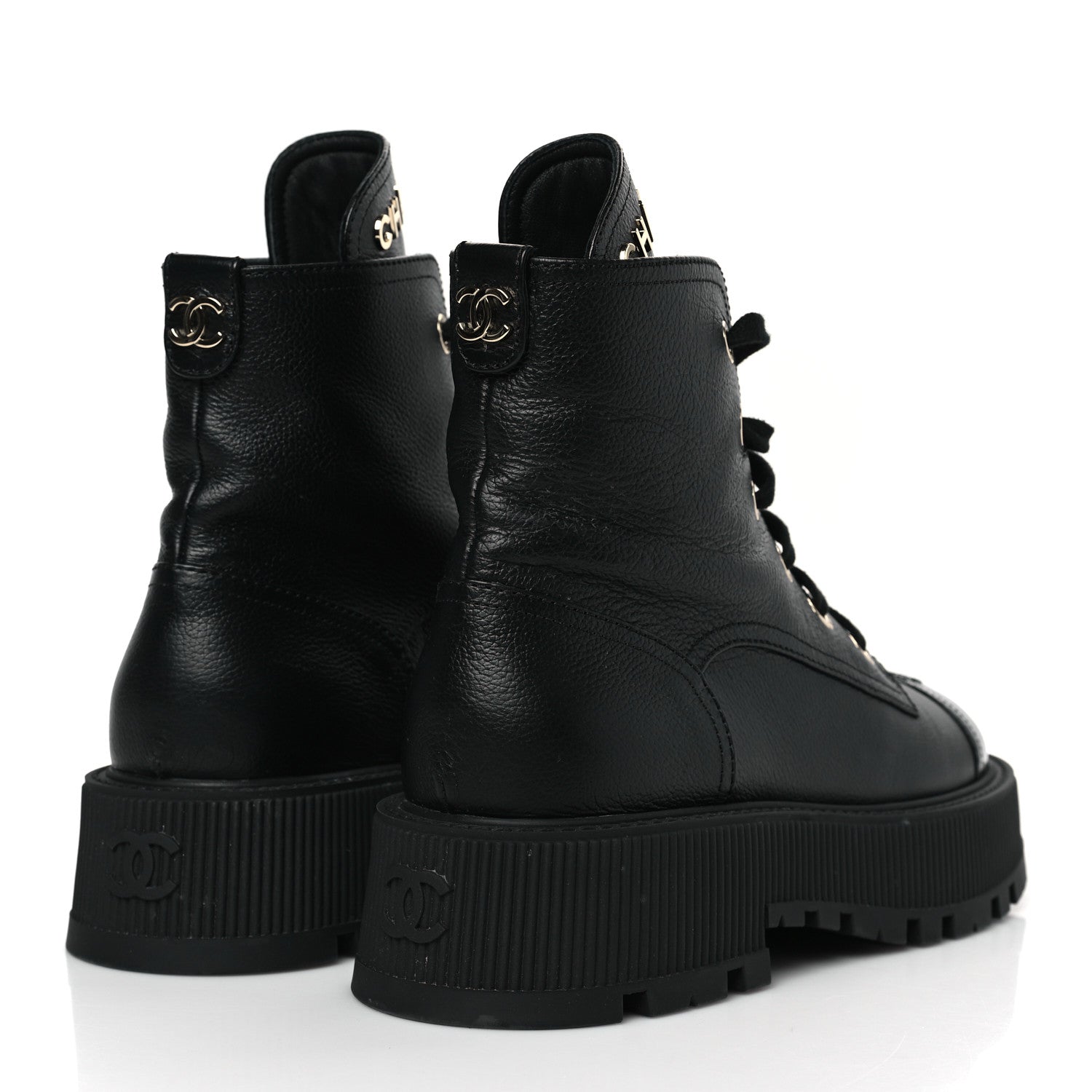 Chanel Calfskin CC Lace Up Combat Boots 39.5 Black 4 of 8