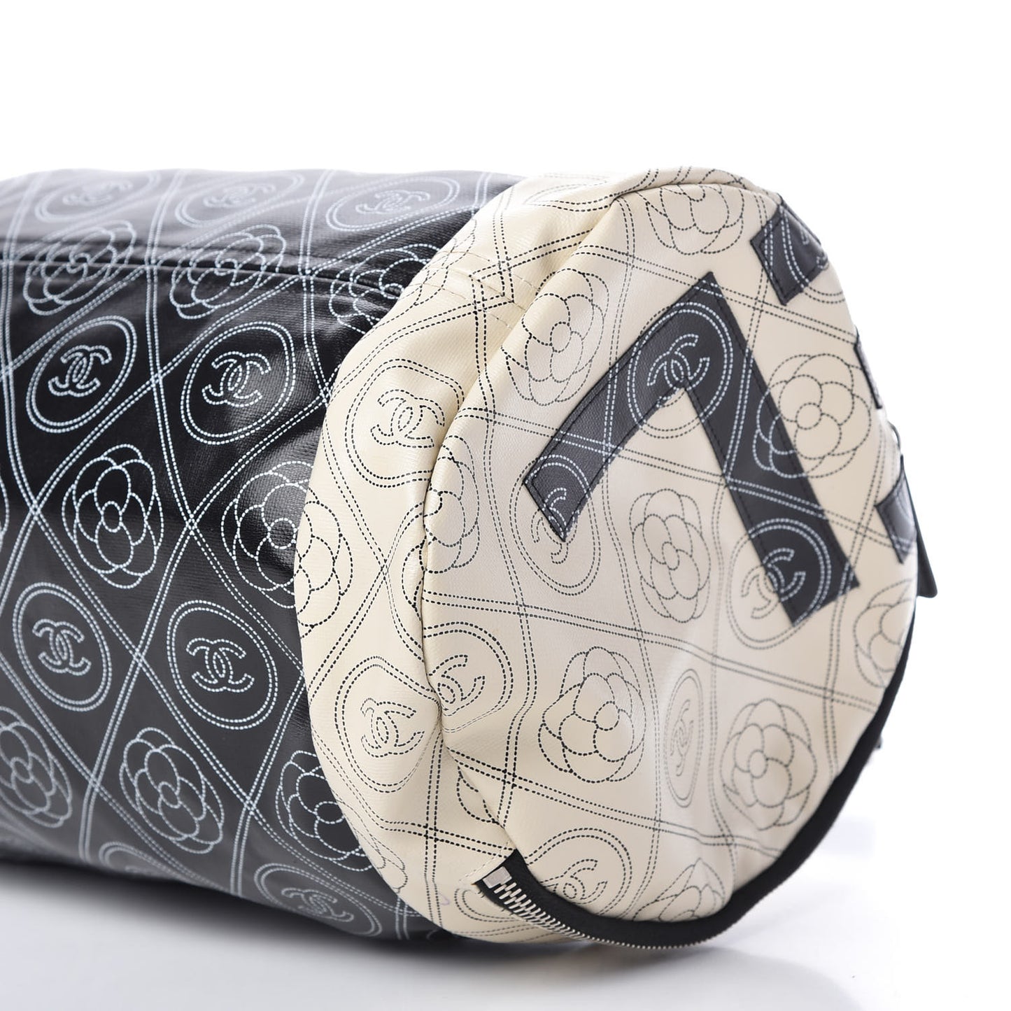 Coated Canvas Camellia Printed Calfskin Bowling Bag Black Beige