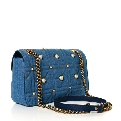 Gucci Denim Matelasse Pearl Studded Small GG Marmont Shoulder Bag Blue 3 of 7
