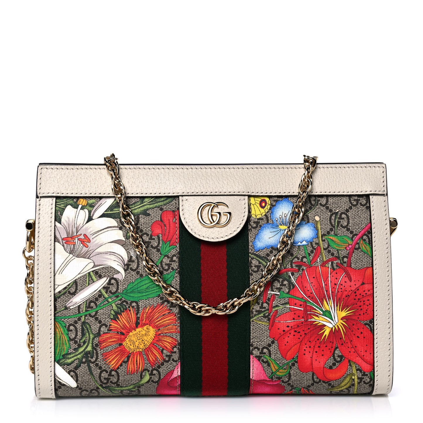 GG Supreme Monogram Flora Web Small Ophidia Chain Shoulder Bag White
