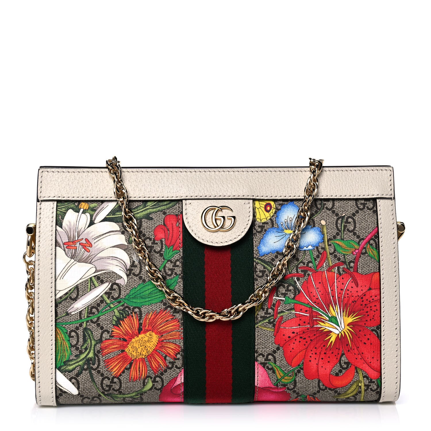 Gucci GG Supreme Monogram Flora Web Small Ophidia Chain Shoulder Bag White 1 of 10