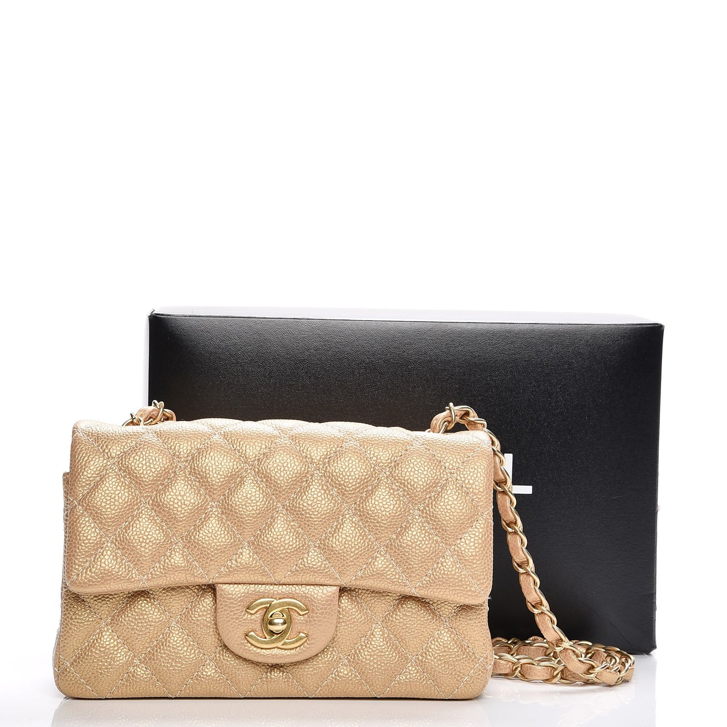 Pearly Caviar Quilted Mini Rectangular Flap Gold