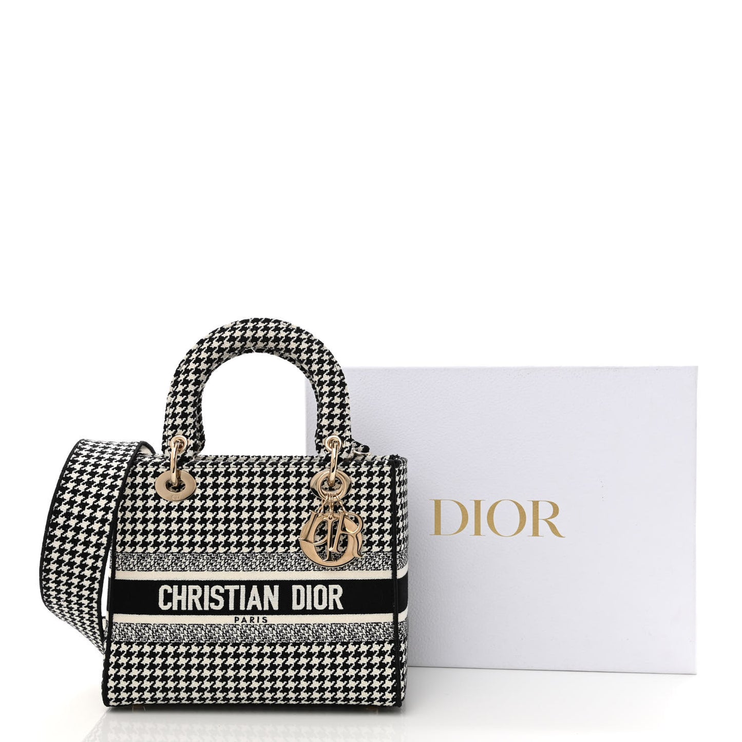 Canvas Houndstooth Embroidered Medium Lady D-Lite Black White