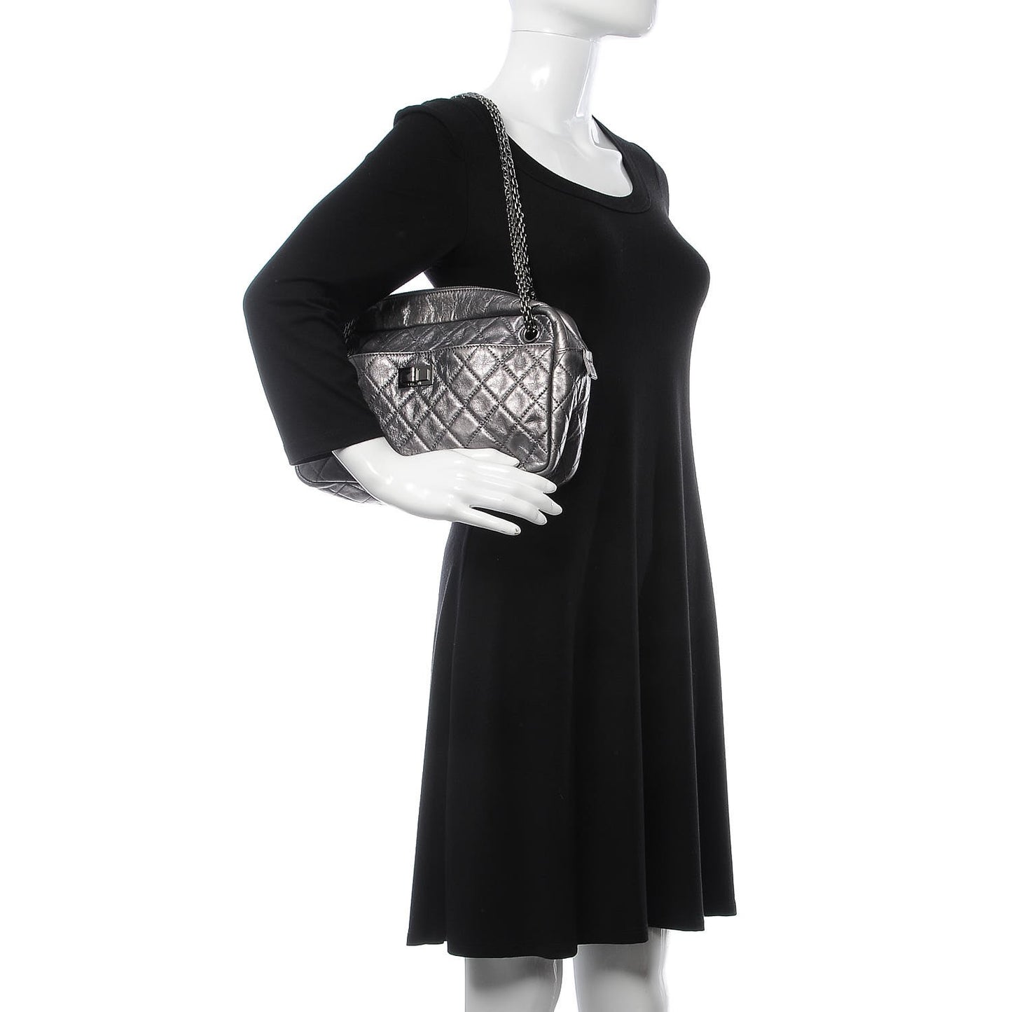 Metallic Aged Calfskin Quilted Medium Reissue Camera Case Dark Silver