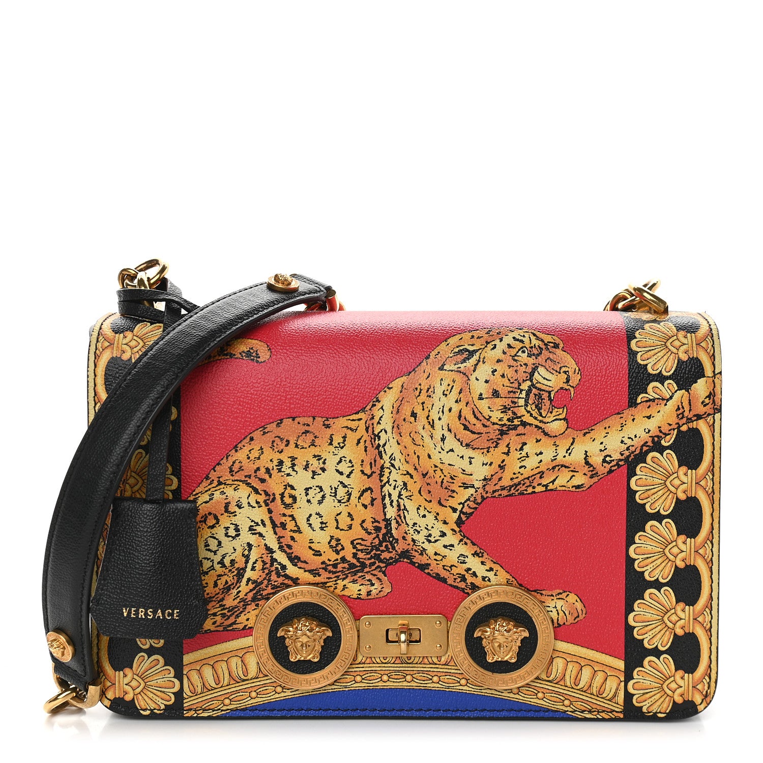 Versace Calfskin Leopard Baroque Print Medium Icon Chain Bag Black Multicolor 1 of 8