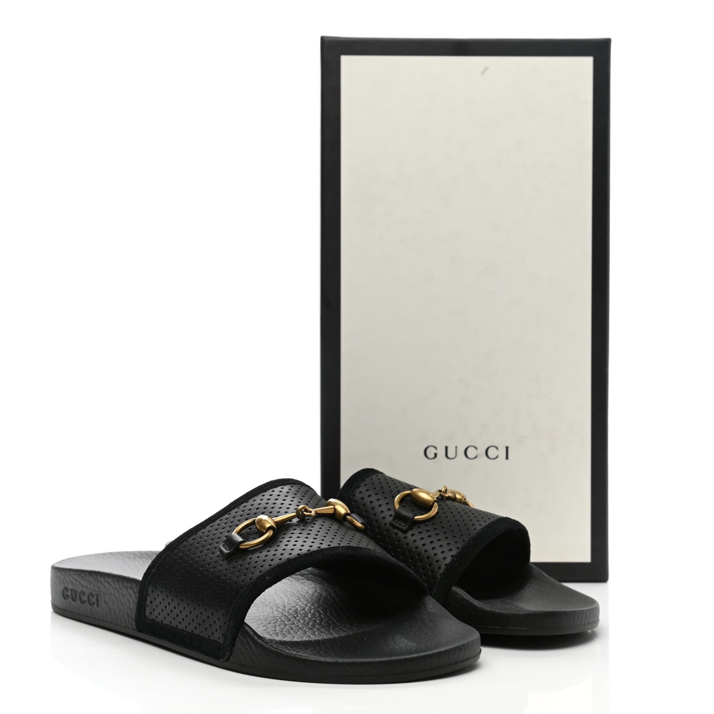 Suede Perforated Horsebit Slide Sandals 41 Black