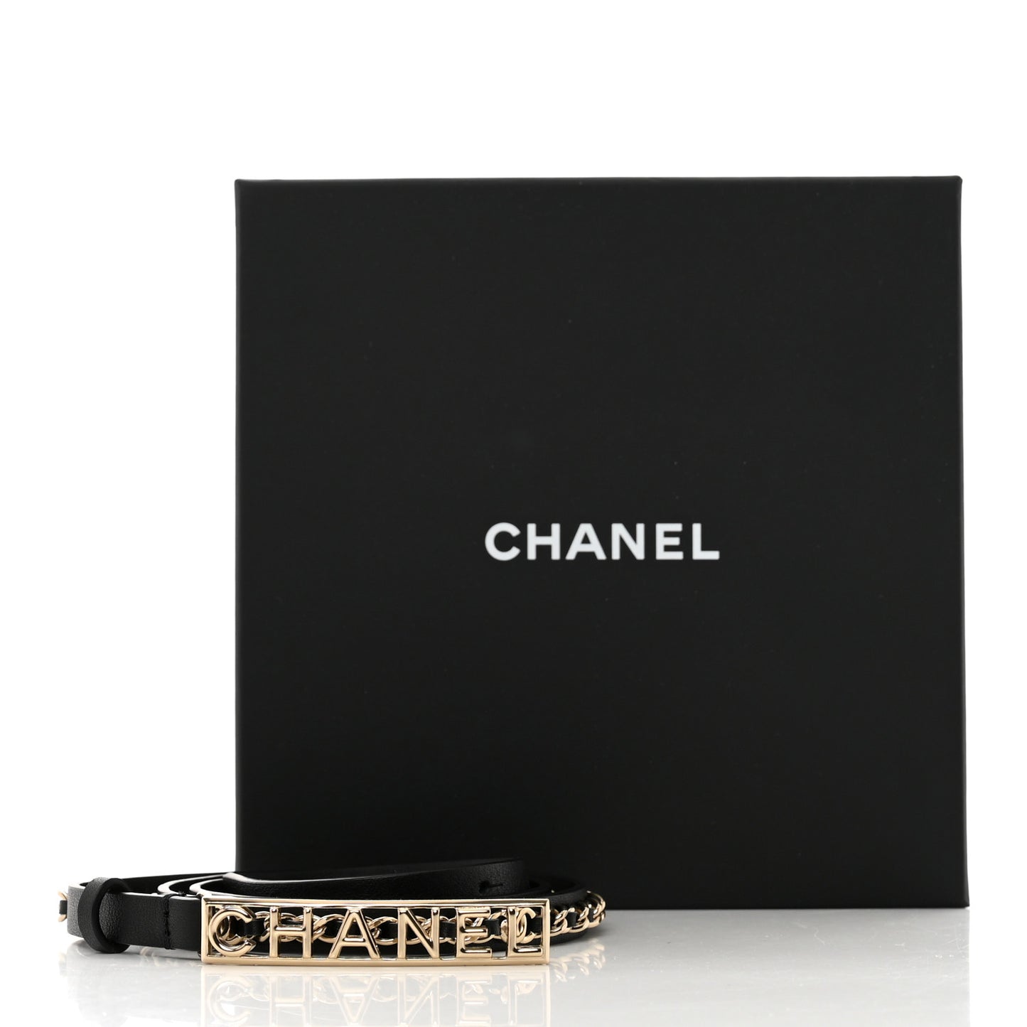 Calfskin Chain Logo Skinny Belt 80 32 Black