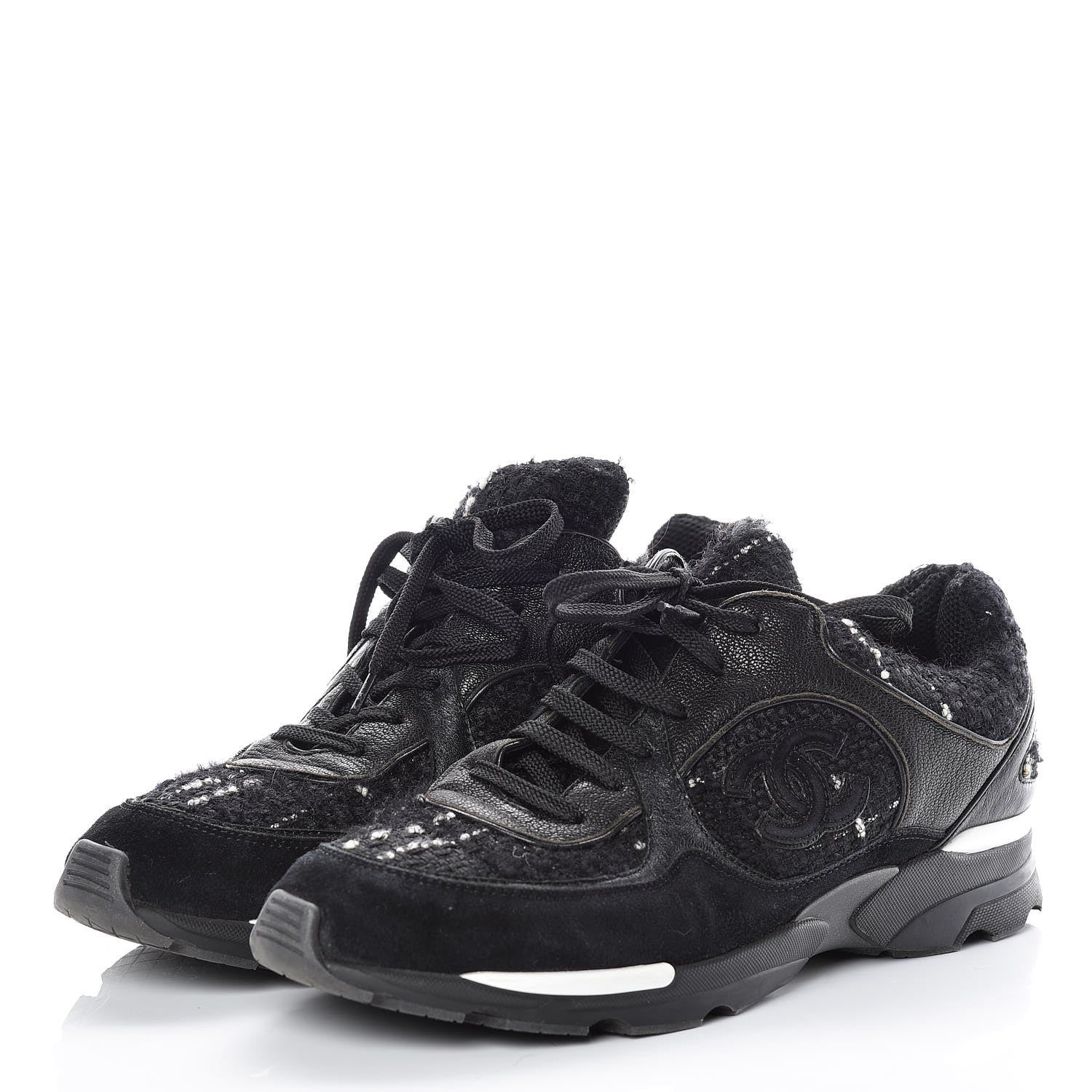 Chanel Suede Tweed Goatskin CC Sneakers 41.5 Black 2 of 12