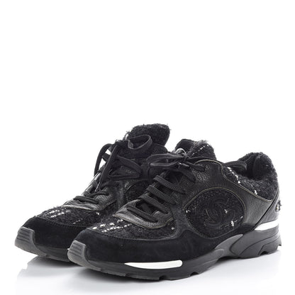 Chanel Suede Tweed Goatskin CC Sneakers 41.5 Black 2 of 12