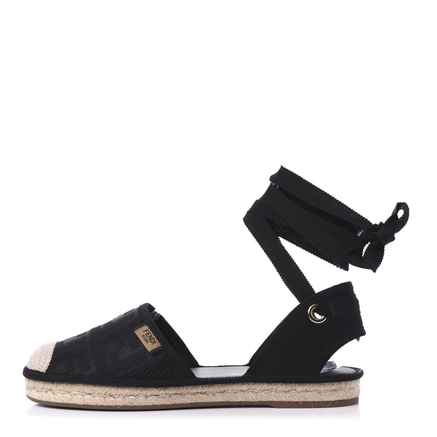 Canvas FF Embroidered Roma Ankle Wrap Flat Espadrilles 37.5 Black