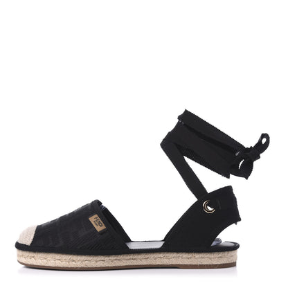 Fendi Canvas FF Embroidered Roma Ankle Wrap Flat Espadrilles 37.5 Black 1 of 7