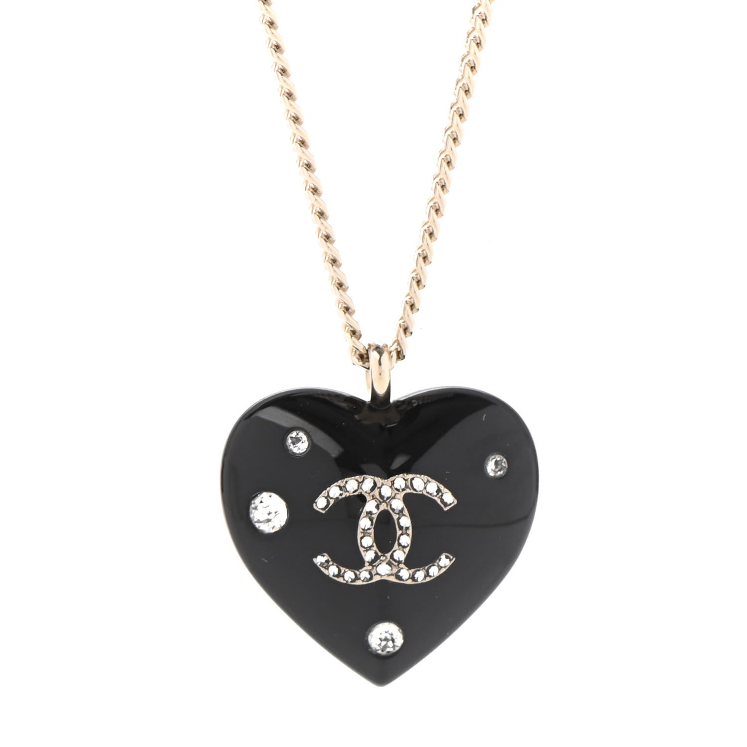 Chanel Resin Crystal CC Heart Necklace Black Gold 4 of 6