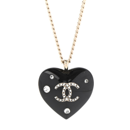 Chanel Resin Crystal CC Heart Necklace Black Gold 4 of 6