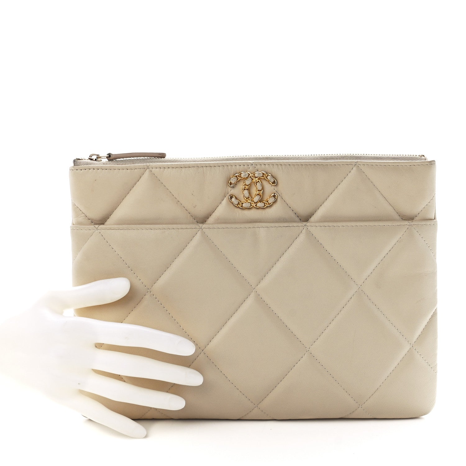 Chanel Shiny Goatskin Quilted Chanel 19 Pouch Beige 2 of 11