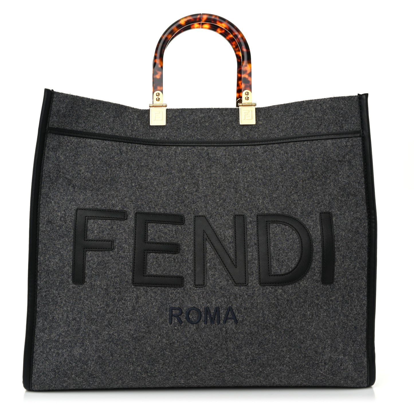Melange Flannel Plexiglass Satin Logo Embroidered Threaded Edge Large Fendi Sunshine Shopper Tote Grigio Black