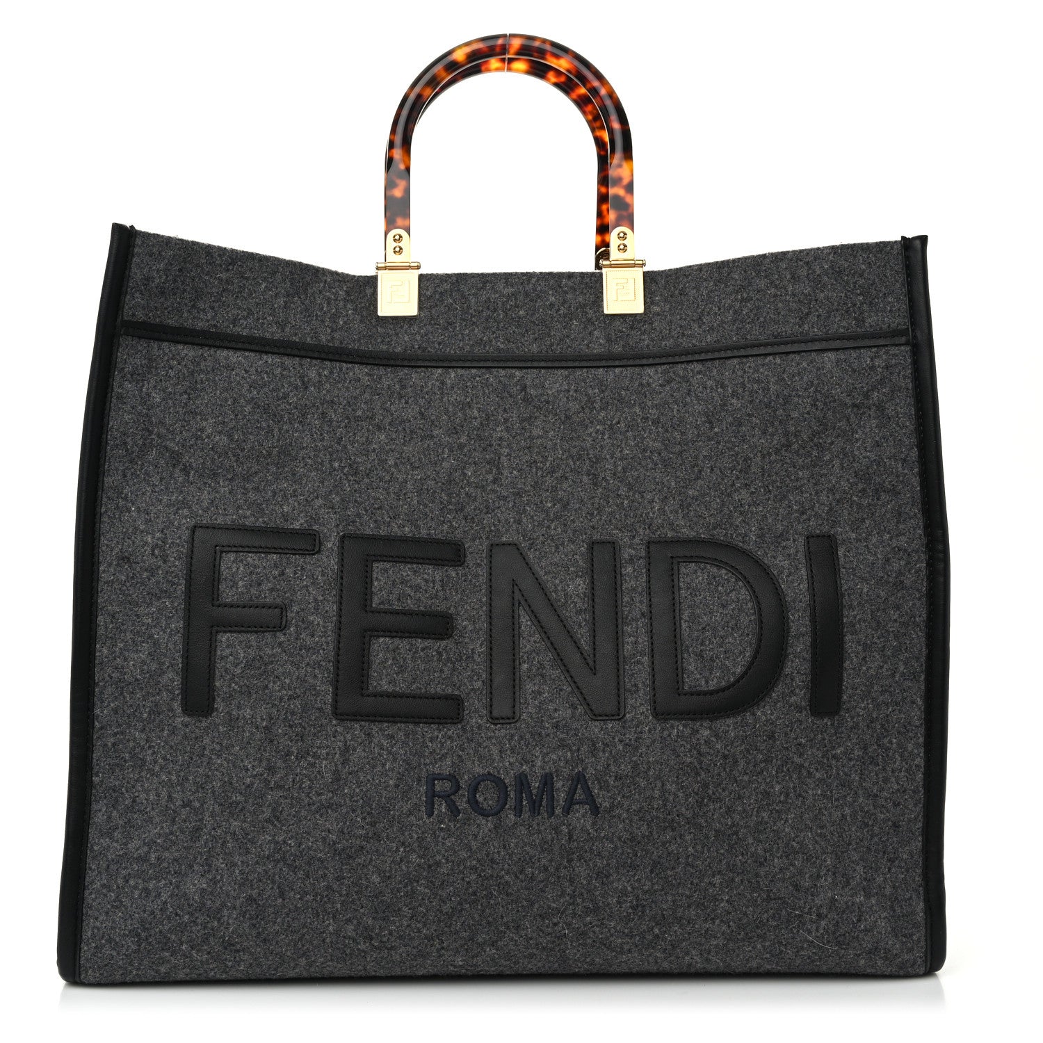 Fendi Melange Flannel Plexiglass Satin Logo Embroidered Threaded Edge Large Fendi Sunshine Shopper Tote Grigio Black 1 of 10