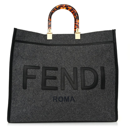 Fendi Melange Flannel Plexiglass Satin Logo Embroidered Threaded Edge Large Fendi Sunshine Shopper Tote Grigio Black 1 of 10