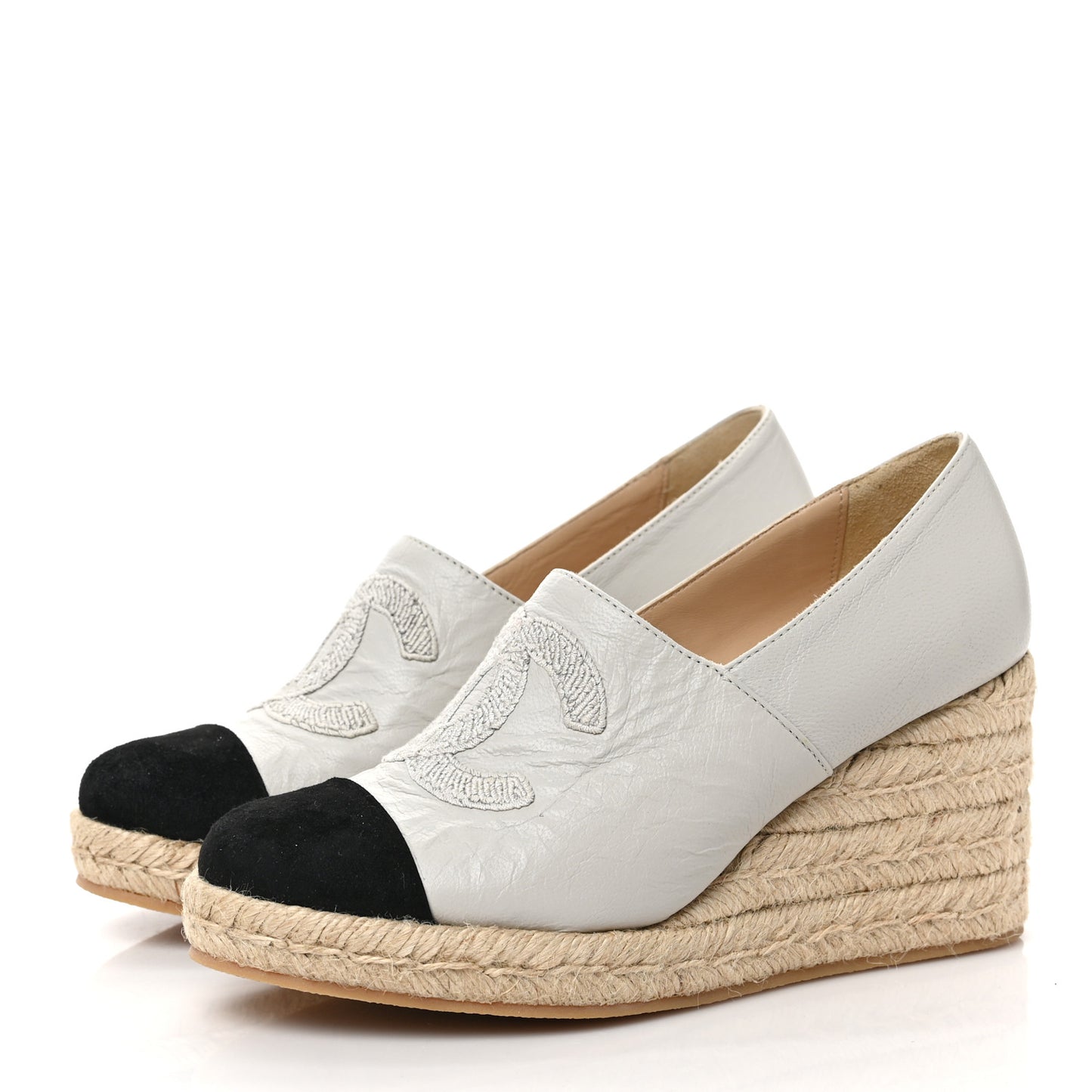 Lambskin Suede CC Espadrille Wedges 36 White Black