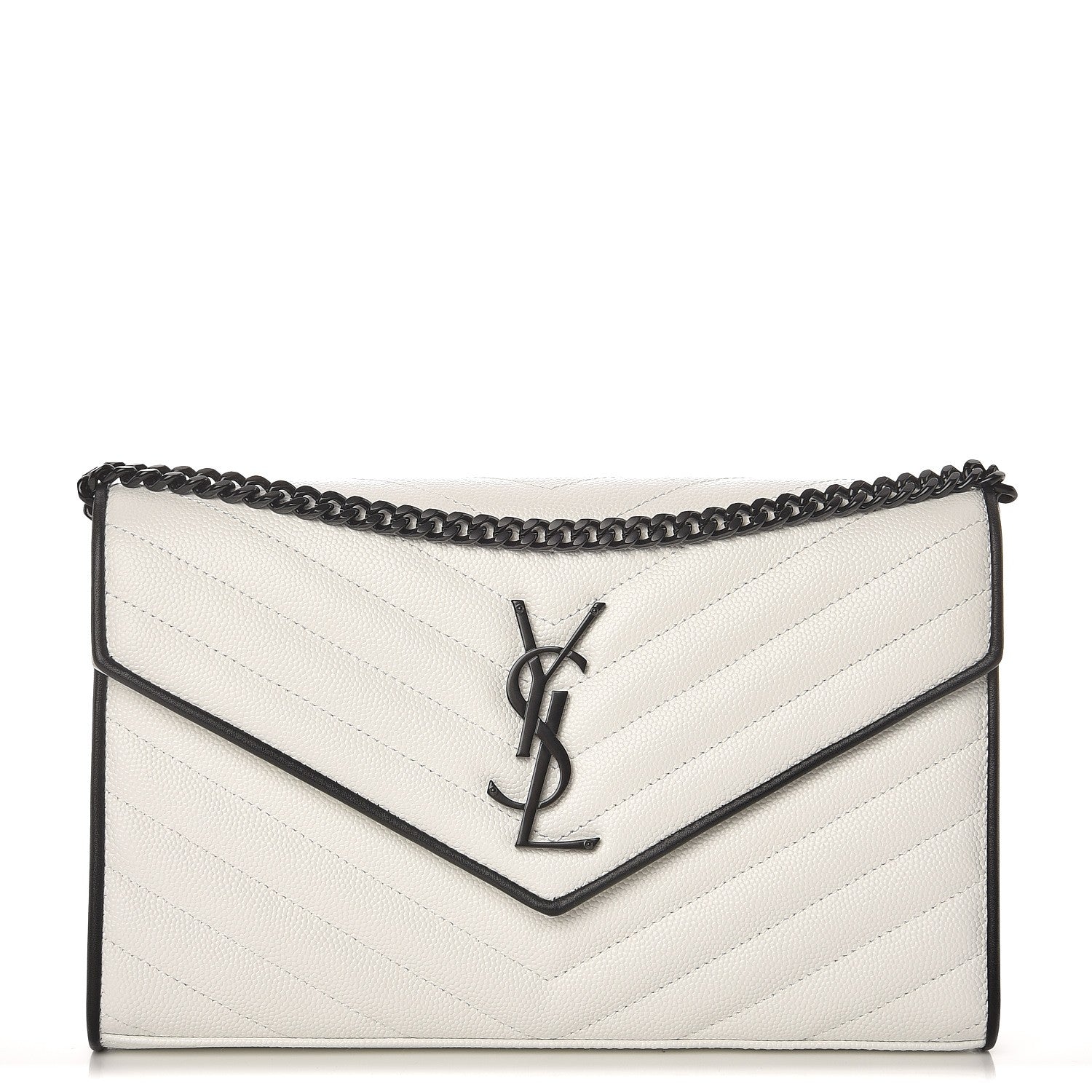 Saint Laurent Grain De Poudre Matelasse Monogram Chain Wallet White Black 1 of 6