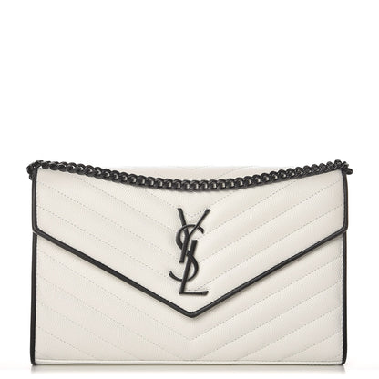 Saint Laurent Grain De Poudre Matelasse Monogram Chain Wallet White Black 1 of 6