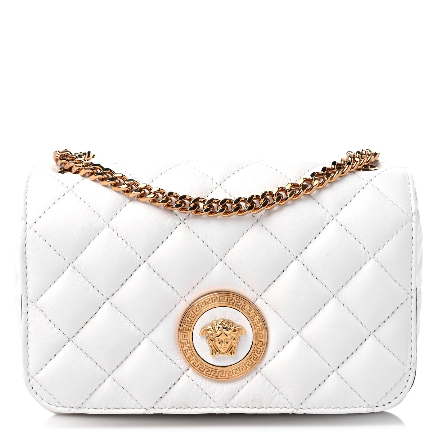 Nappa Quilted Small Medusa Chain Crossbody White