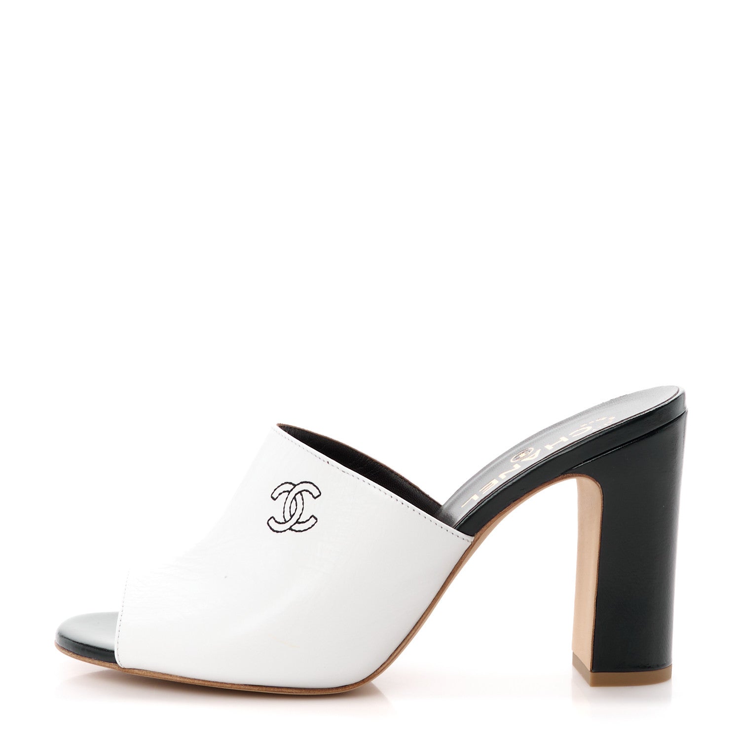 Chanel Crumpled Patent Stitched CC Mule Sandals 41 White Black 1 of 8