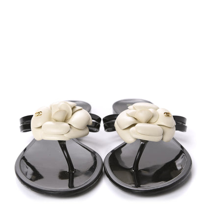 Chanel Jelly Camellia Thong Sandals 39 Black Ivory 2 of 8