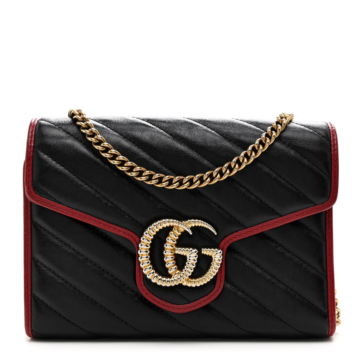 Vintage Effect Calfskin Matelasse Diagonal Torchon GG Marmont Chain Wallet Black Romantic Cherry
