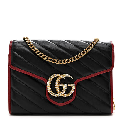 Gucci Vintage Effect Calfskin Matelasse Diagonal Torchon GG Marmont Chain Wallet Black Romantic Cherry 1 of 11