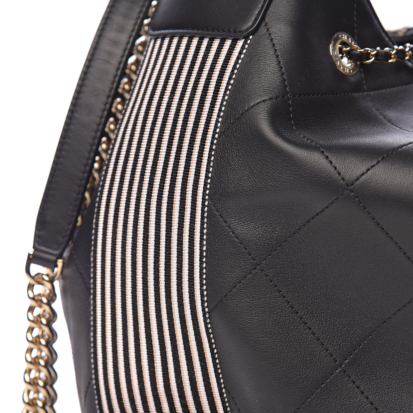 Calfskin Stitched Striped CC Drawstring Bag Black