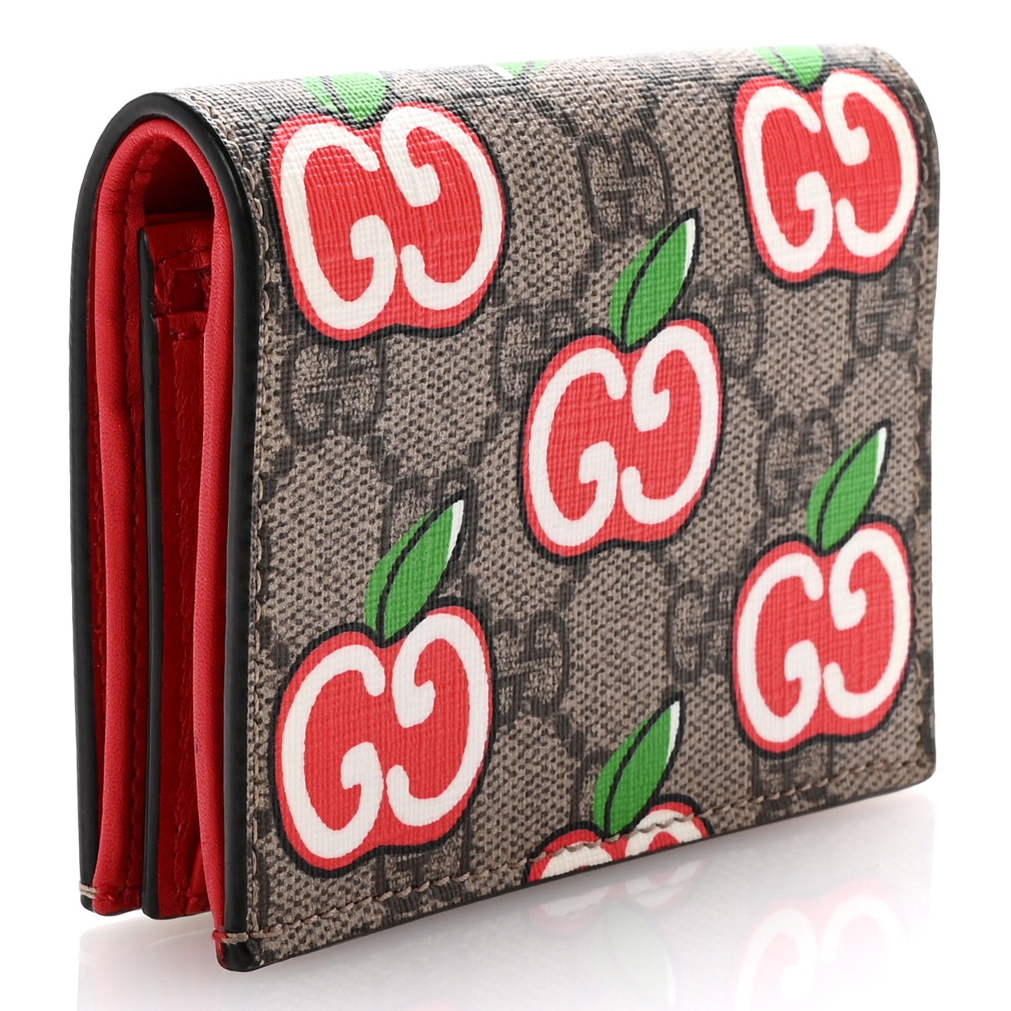 GG Supreme Monogram Apple Card Case Wallet Beige Multicolor Lobster Red