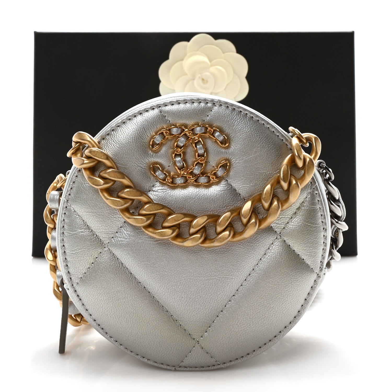 Chanel Metallic Lambskin Quilted Chanel 19 Round Clutch With Chain Silver 11 of 11