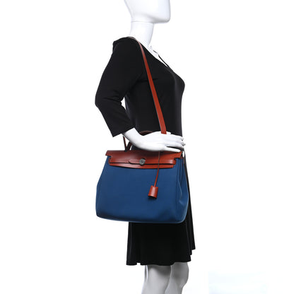Hermes Military Toile Vache Hunter Herbag Zip Retourne 31 PM Bleu Outremer Cuivre 2 of 10