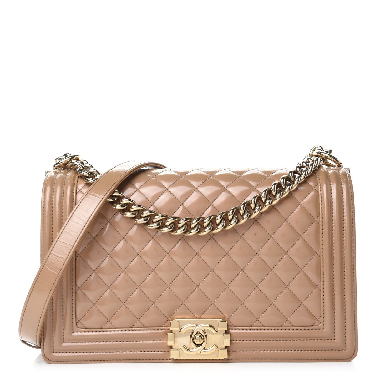 Iridescent Glazed Calfskin Quilted New Medium Boy Flap Dark Beige