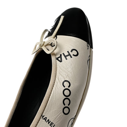 Chanel Printed Lambskin Cap Toe CC Ballet Flats 37 White Black 9 of 10