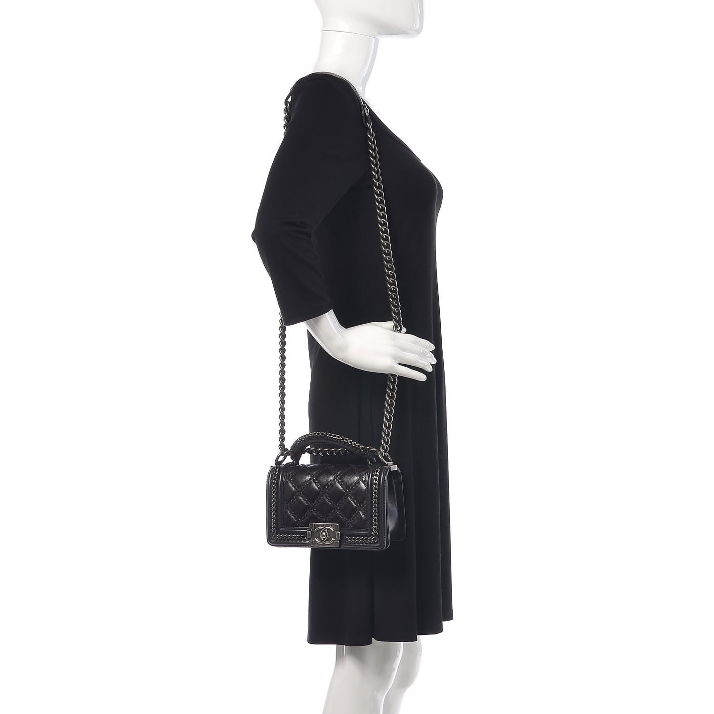 Shiny Goatskin Quilted Small Boy Top Handle Flap Charcoal