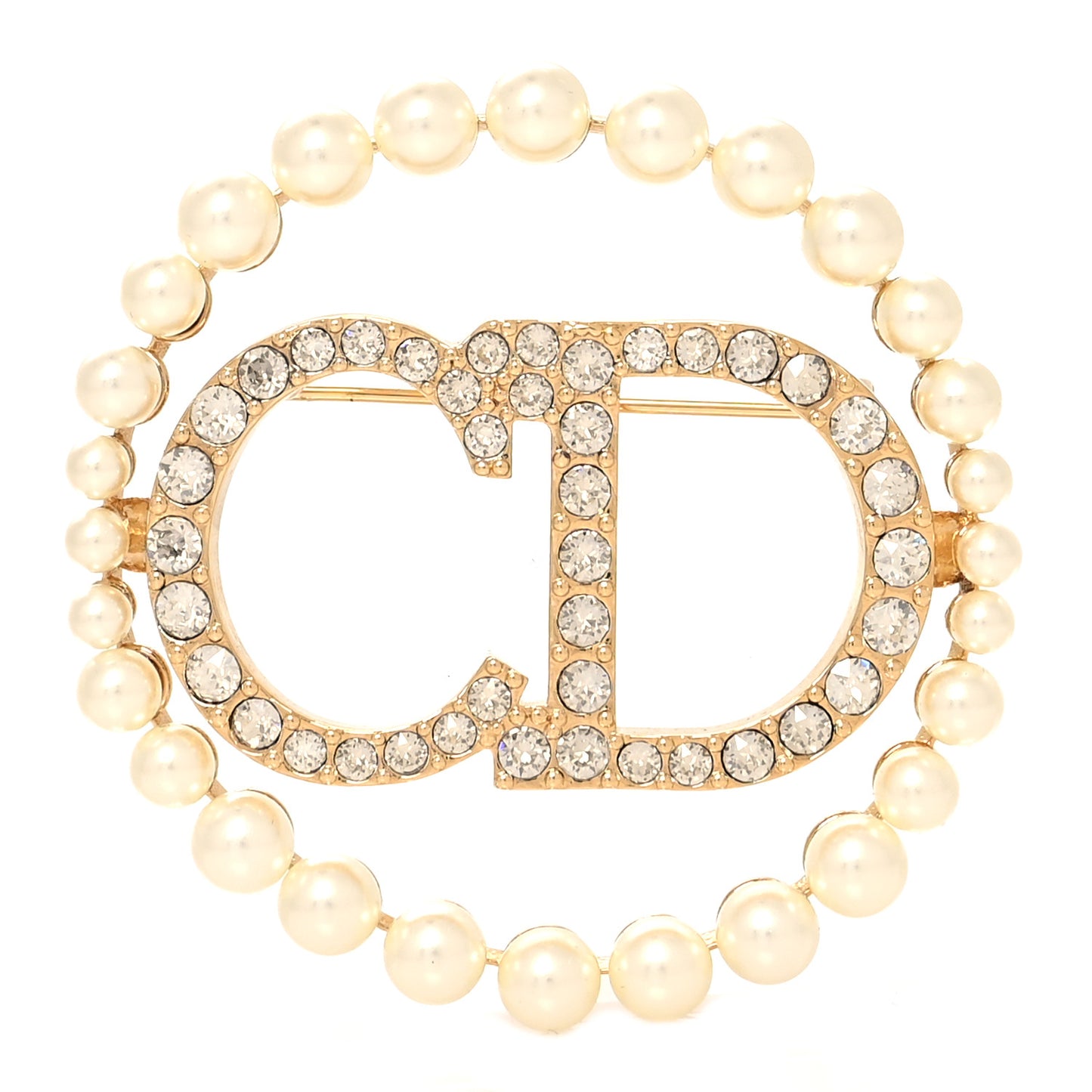 Crystal Pearl CD Logo Brooch Gold