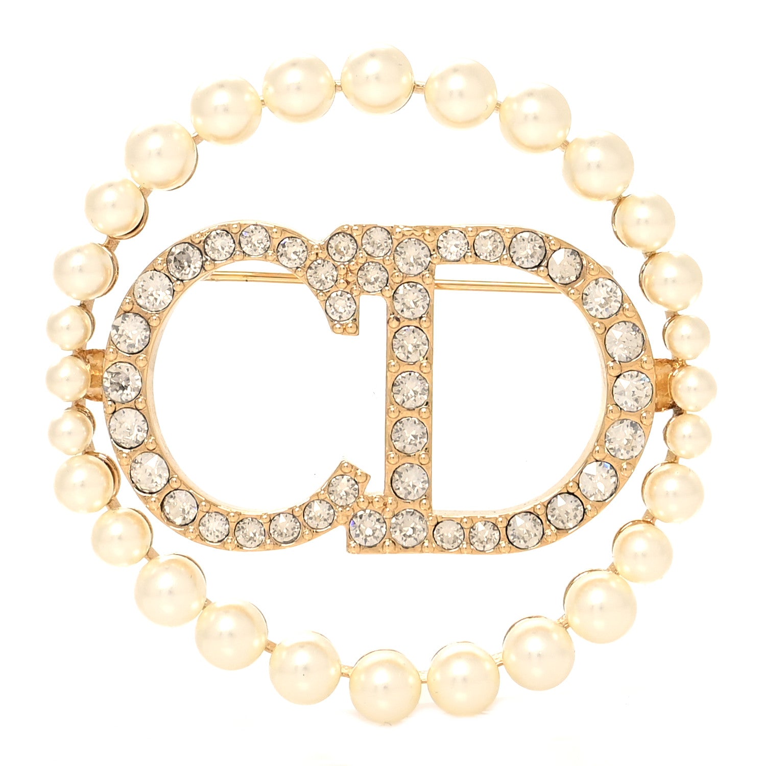 Christian Dior Crystal Pearl CD Logo Brooch Gold 1 of 4