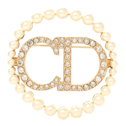 Christian Dior Crystal Pearl CD Logo Brooch Gold 1 of 4
