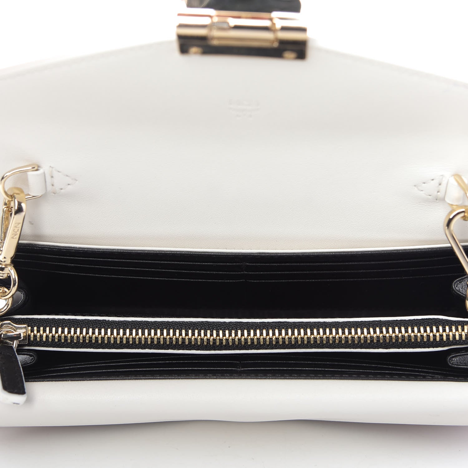 MCM Calfskin Visetos Monogram Patricia Color Block Wallet On Chain Cognac Black White 5 of 9