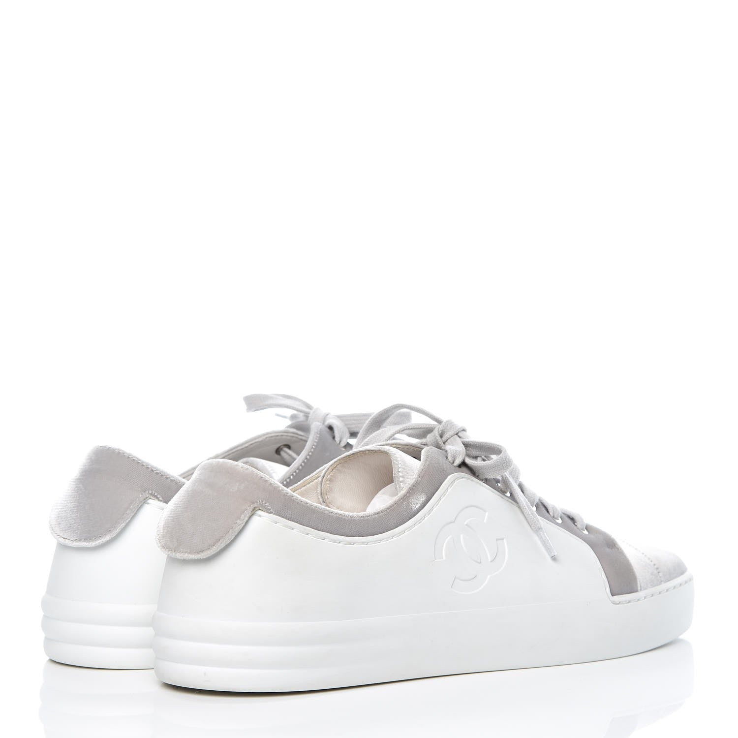 Chanel Calfskin Velvet Womens CC Sneakers 40.5 White Silver 4 of 10