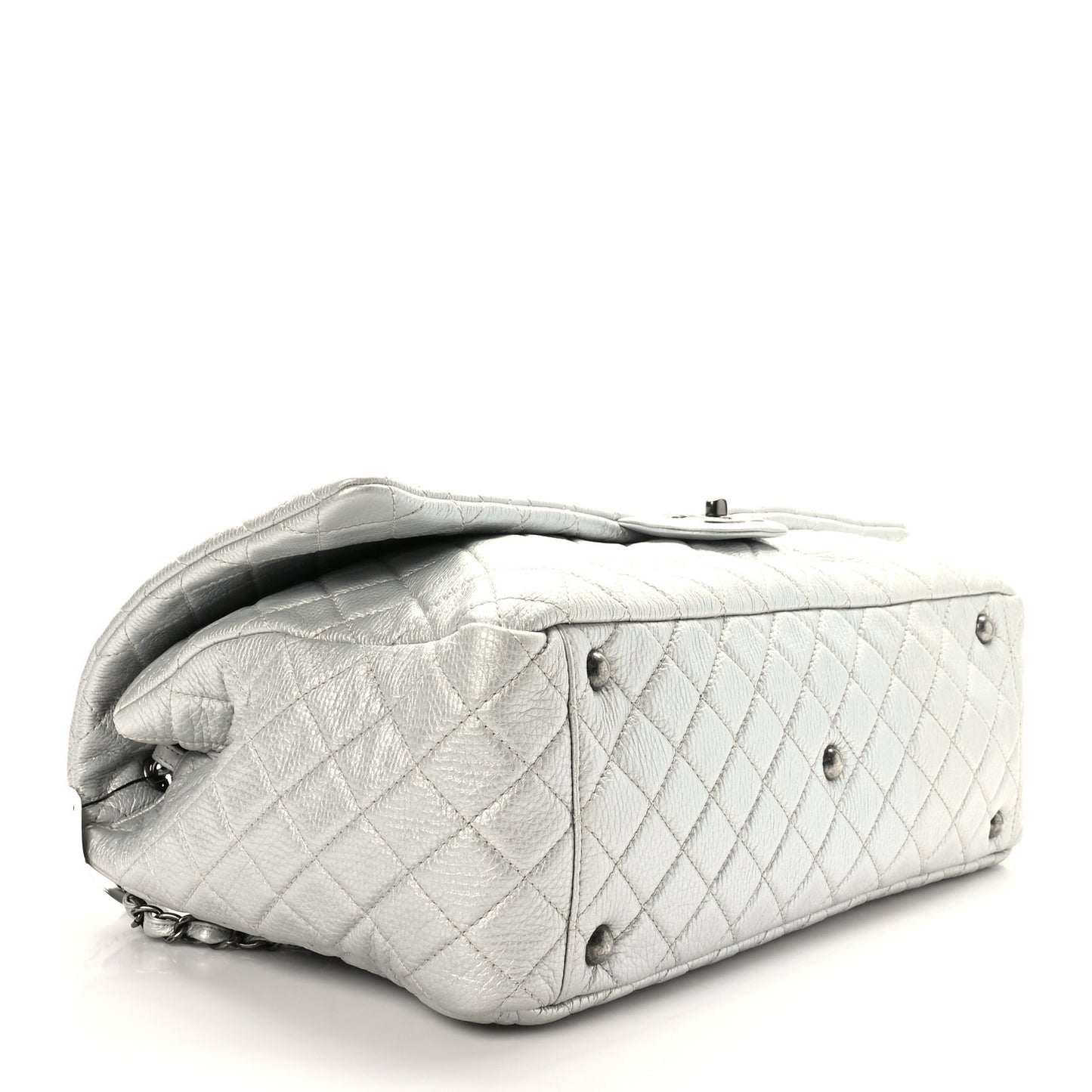 Metallic Calfskin Quilted XXL Travel Flap Bag Silver