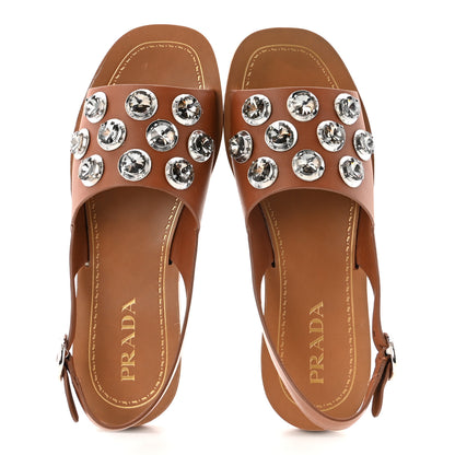 Prada Natural Calfskin Crystal Slingback Sandals 37.5 Brandy 2 of 9