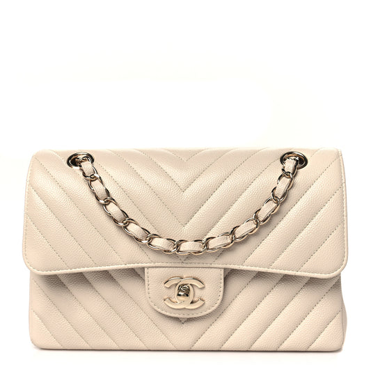 Caviar Chevron Quilted Small Double Flap Beige