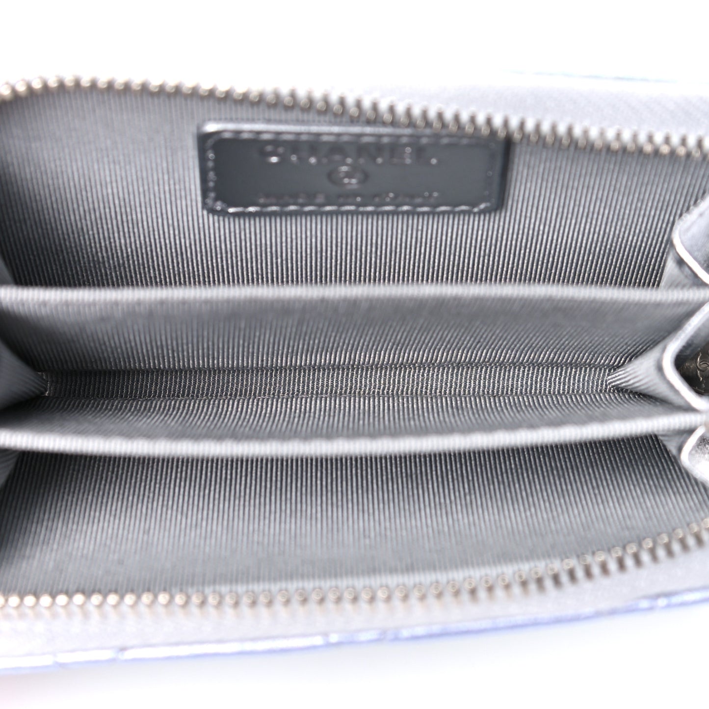 Gradient Metallic Calfskin Quilted Zip Around Coin Purse Wallet Silver Blue Yellow Purple