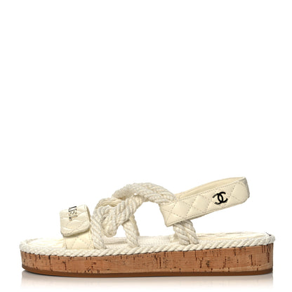 Chanel Cord Lambskin Quilted Logo Sandals 37 Ivory 1 of 8