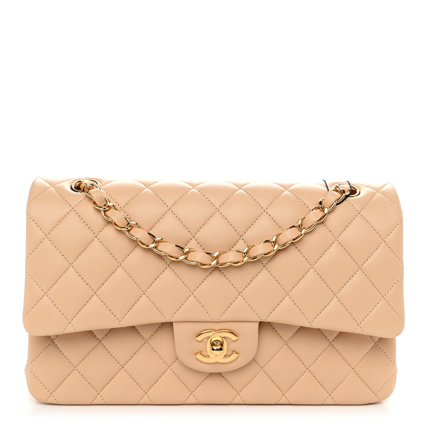 Lambskin Quilted Medium Double Flap Beige